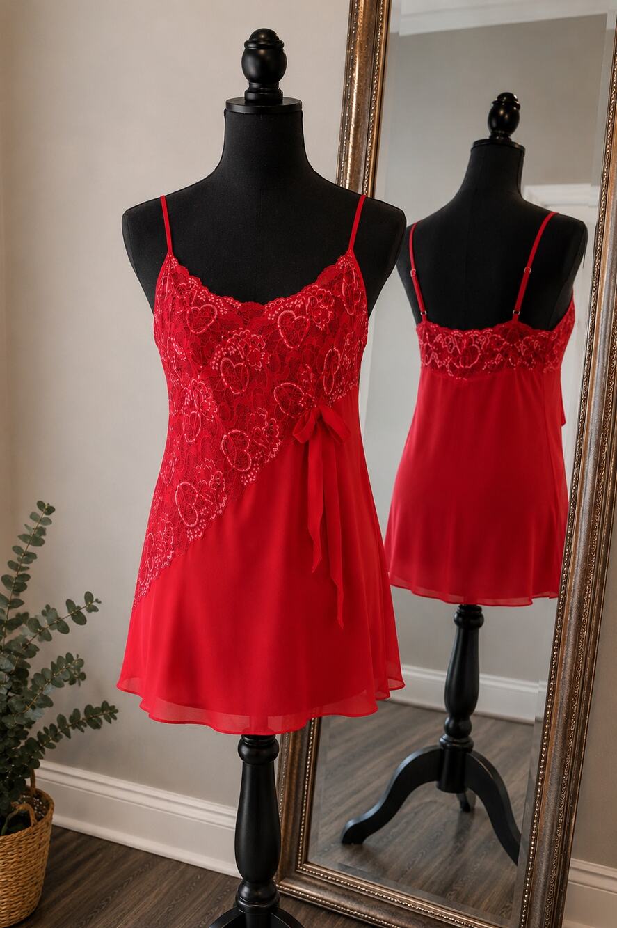 Red Lace Chiffon Chemise Slip Nightgown Sheer Romantic Lingerie Plus Size XL/1X
